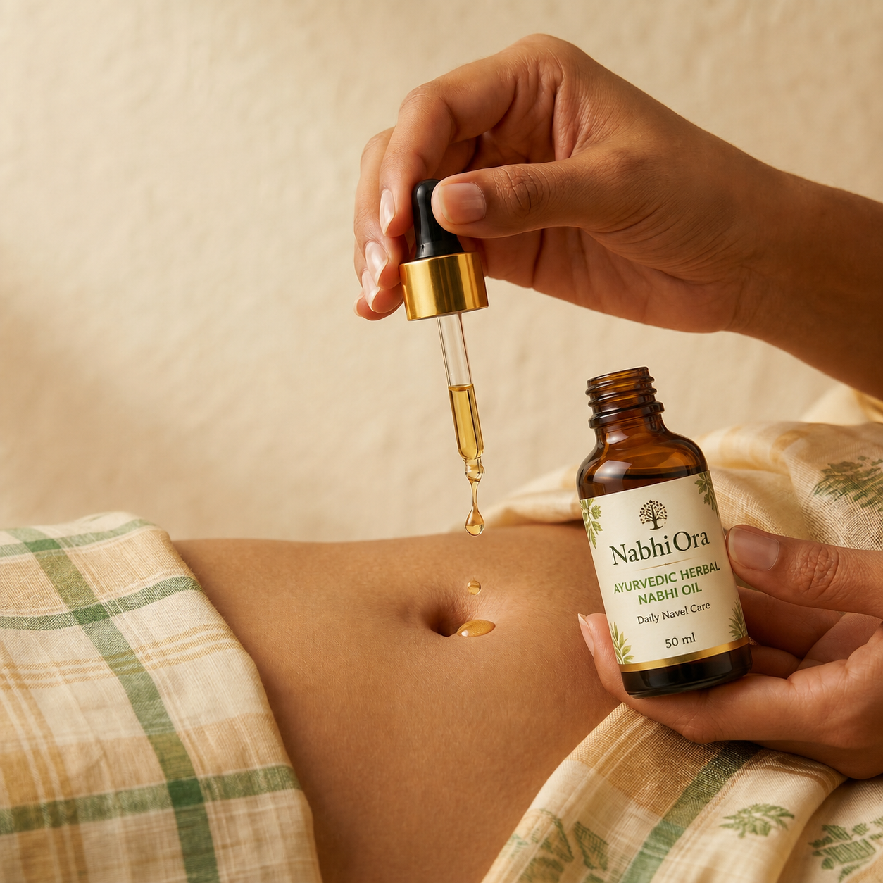 Applying NabhiOra Ayurvedic Herbal Nabhi Oil with dropper