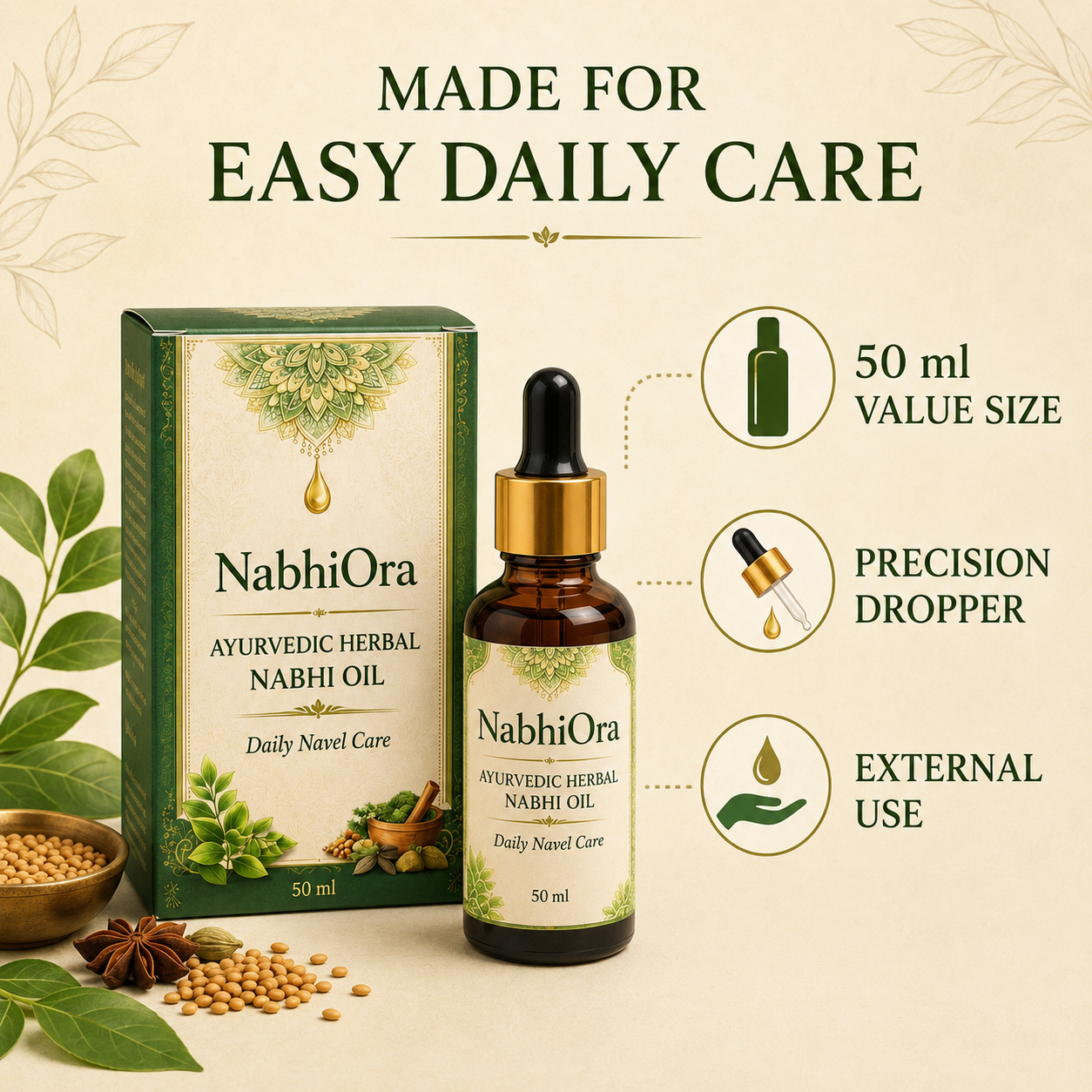 NabhiOra Nabhi Oil 50 ml precision dropper and external-use features